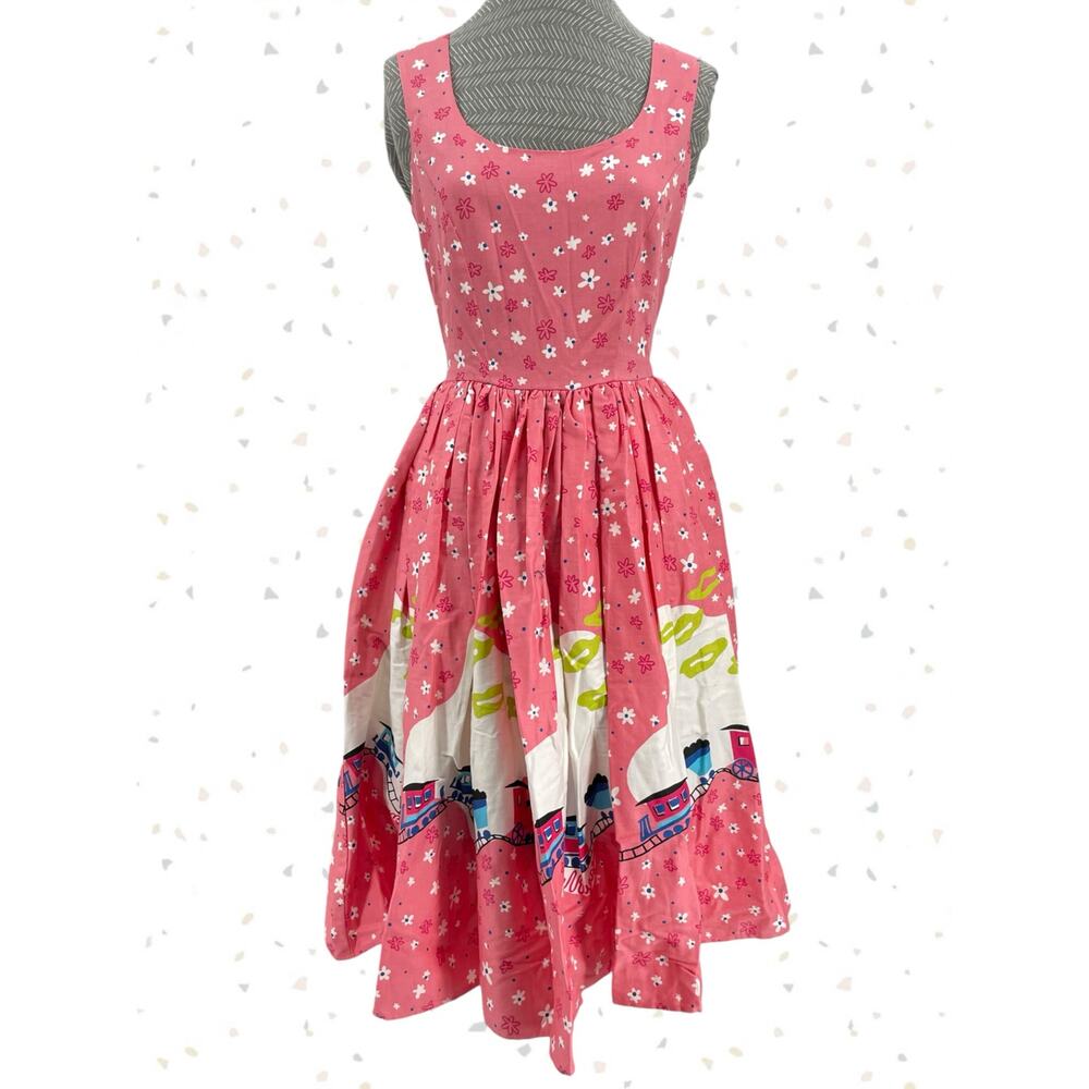 Pinup Couture Mary Blair Pink Trains Dress Retro Floral Bon Voyage Pocket Size S
